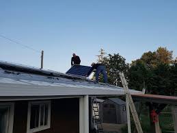 Two people are installing solar panels on the roof of a BC Tiny House Airbnb, using ladders for access, with trees and a shed visible in the background.
