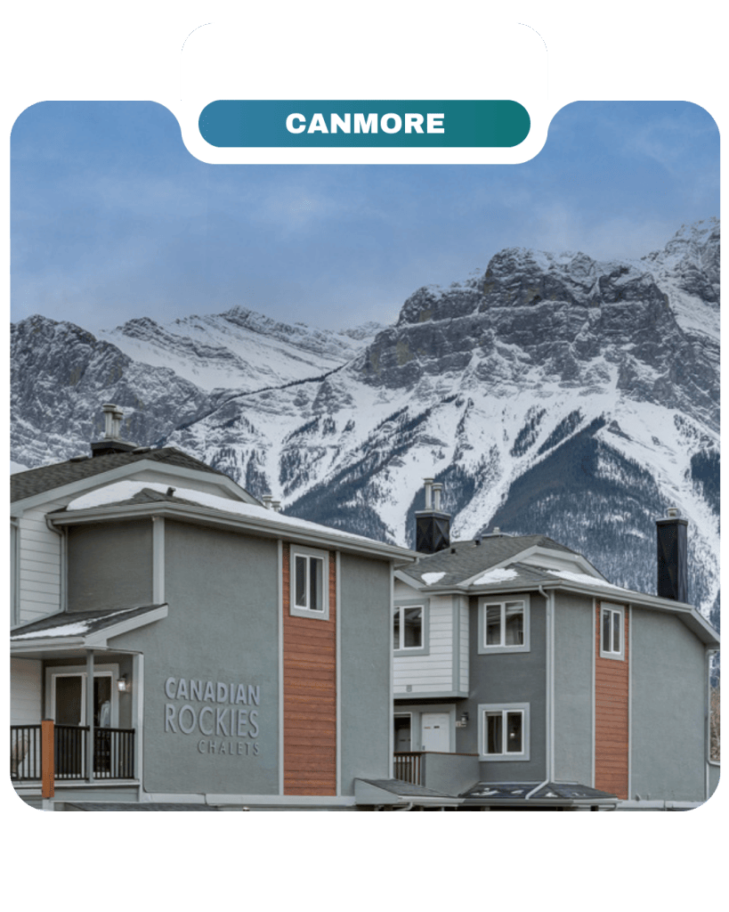 Canadian Rockies Chalets by Lifty Life, set against snow-capped mountains and a cloudy sky in picturesque Canmore.