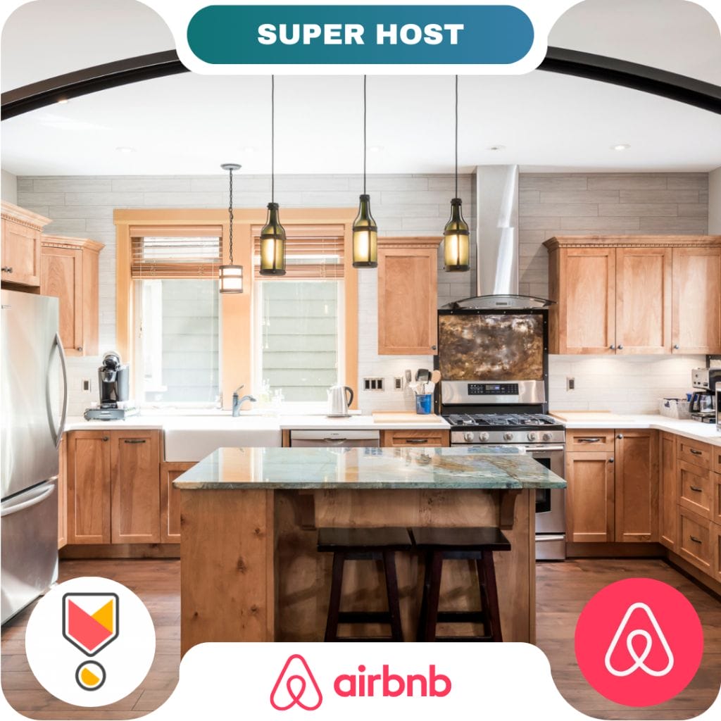 Modern kitchen with wooden cabinets, stainless steel appliances, and a central island; "Super Host" and Airbnb logos are displayed, highlighting trusted partners in hospitality.