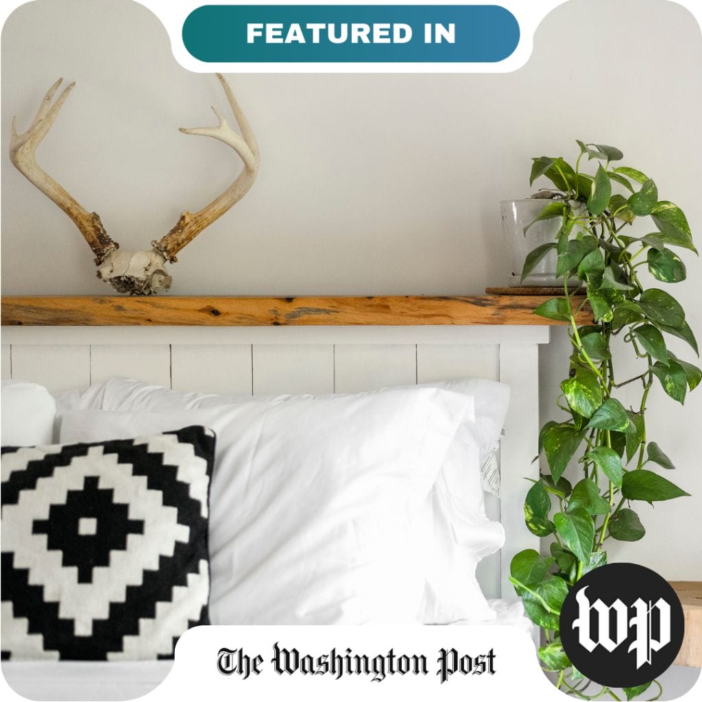 A white bed with a black and white pillow, partners with a mounted antler and a potted vine plant on a wooden headboard. The Washington Post logo and "Featured In" banner are visible.