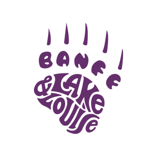 Purple bear paw print graphic with the words "Banff & Lake Louise" stylized inside the paw, perfect for those interested in vacation rental management in Canmore, set against a clean white background.
