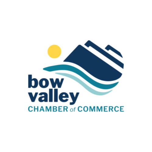 Bow Valley Chamber of Commerce logo featuring stylized mountains, a yellow sun, and blue waves above the organization’s name in bold lettering—perfect for those interested in vacation rental management in Canmore.