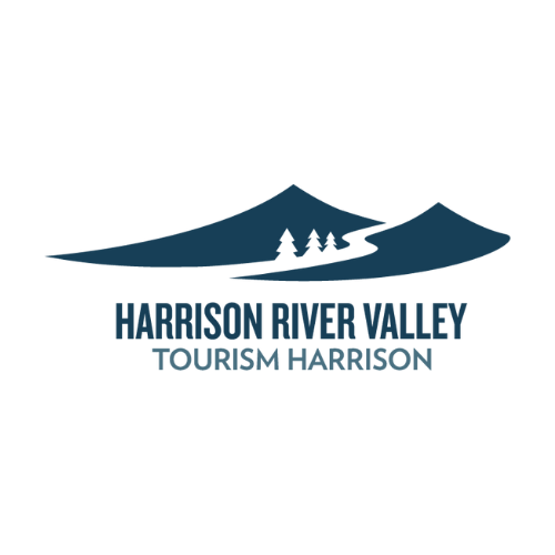 Logo featuring stylized blue mountains with trees and the text “Harrison River Valley Tourism Harrison” underneath, reflecting the scenic beauty ideal for vacation rental management in Harrison Hot Springs.