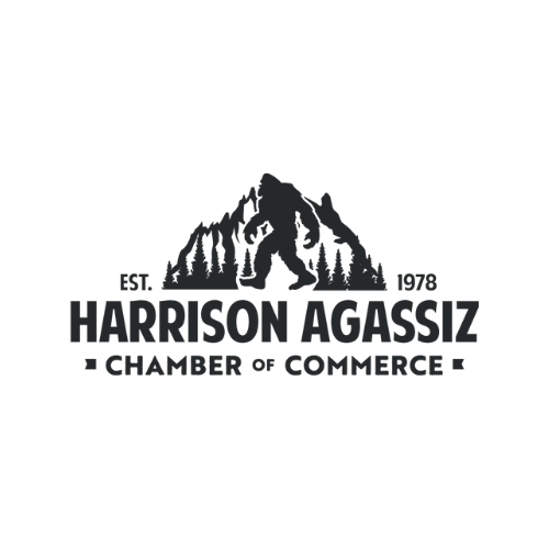 Logo for the Harrison Agassiz Chamber of Commerce featuring mountain outlines above the organization's name, with "Est. 1896" on either side—perfect for those interested in vacation rental management in Harrison Hot Springs.