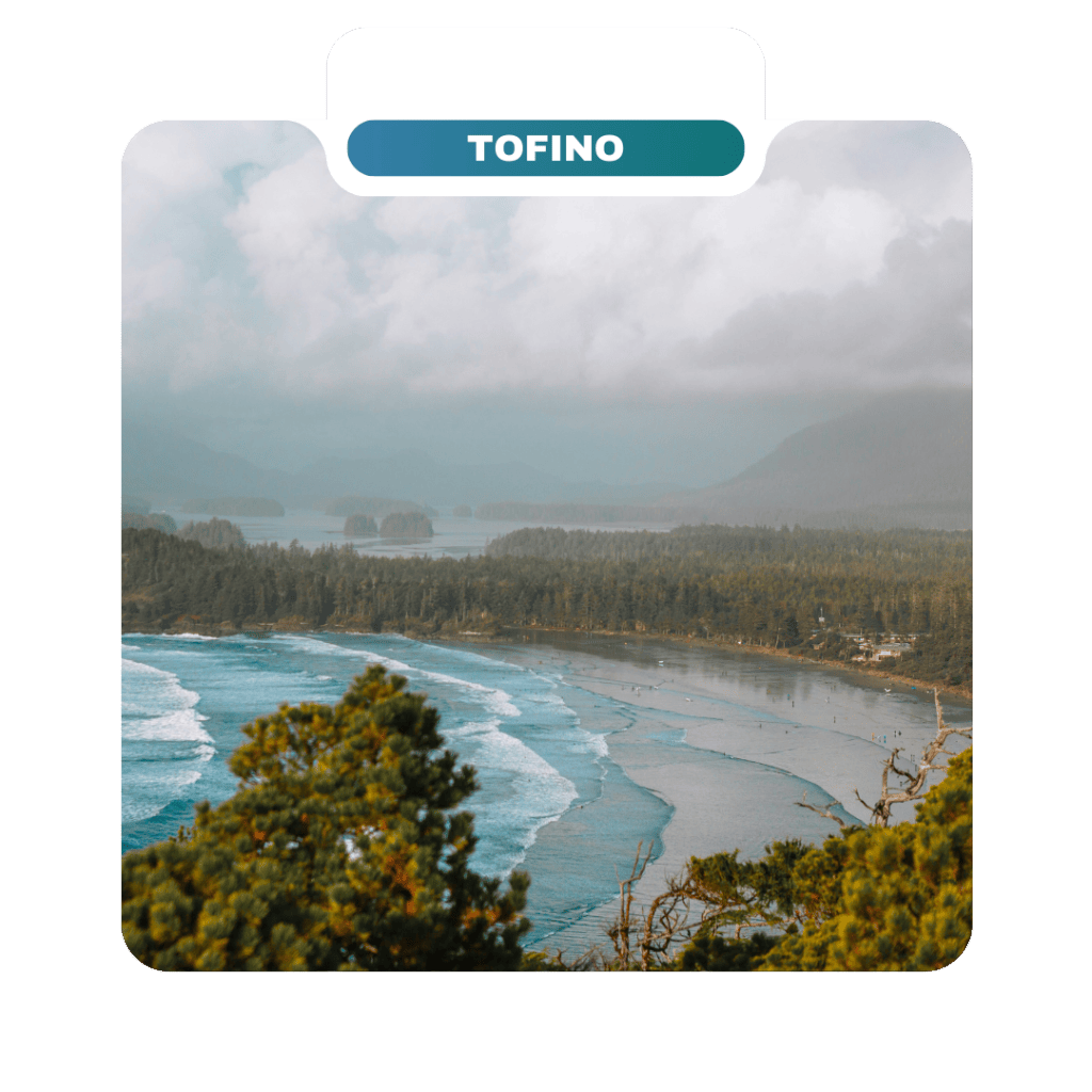 Overlooking a curved coastline with waves, forests, and misty hills under a cloudy sky in Tofino—one of the most breathtaking destinations for both travelers and homeowners alike.