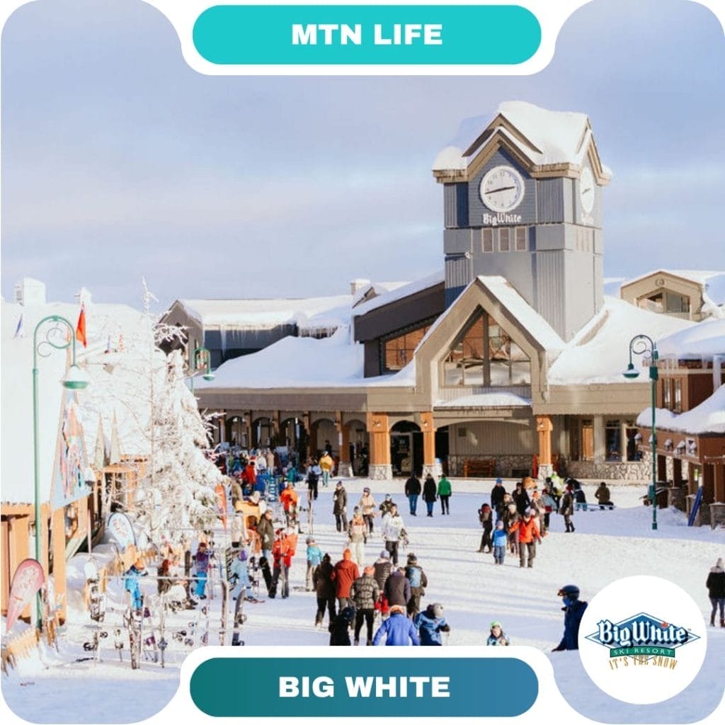 Crowds of guests in winter clothing walk through a snowy mountain resort village with a clock tower labeled “Big White” under a cloudy sky, making it one of the most popular destinations for winter getaways.