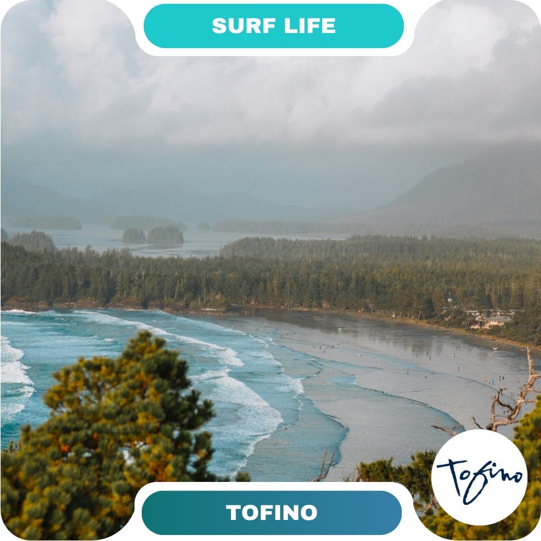 A scenic view of Tofino’s coastline with waves rolling onto the shore, surrounded by dense forest and distant islands under a cloudy sky. Ideal for guests seeking top surf destinations. Text reads "Surf Life" and "Tofino.