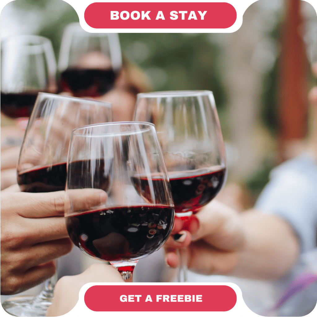Several people clinking glasses of red wine together outdoors, with "BOOK A STAY" and "GET A FREEBIE" banners—perfect inspiration for your next getaway at vacation rentals in Whistler.