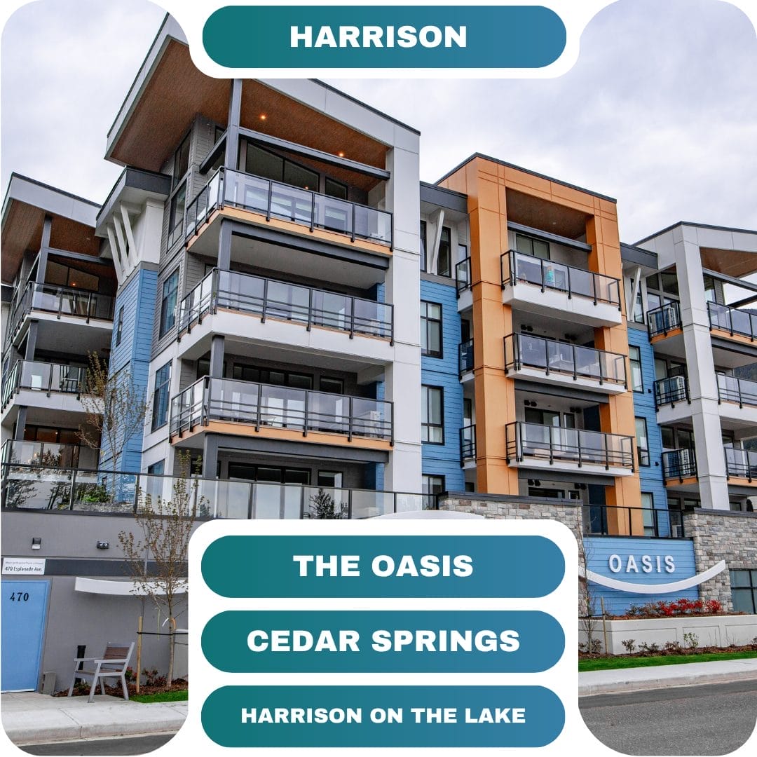 Modern multi-story apartment building with balconies, labeled "Oasis" at the entrance; signage highlights "Harrison," "The Oasis," "Cedar Springs," and "Harrison on the Lake." Ideal for group bookings seeking comfort and convenience.
