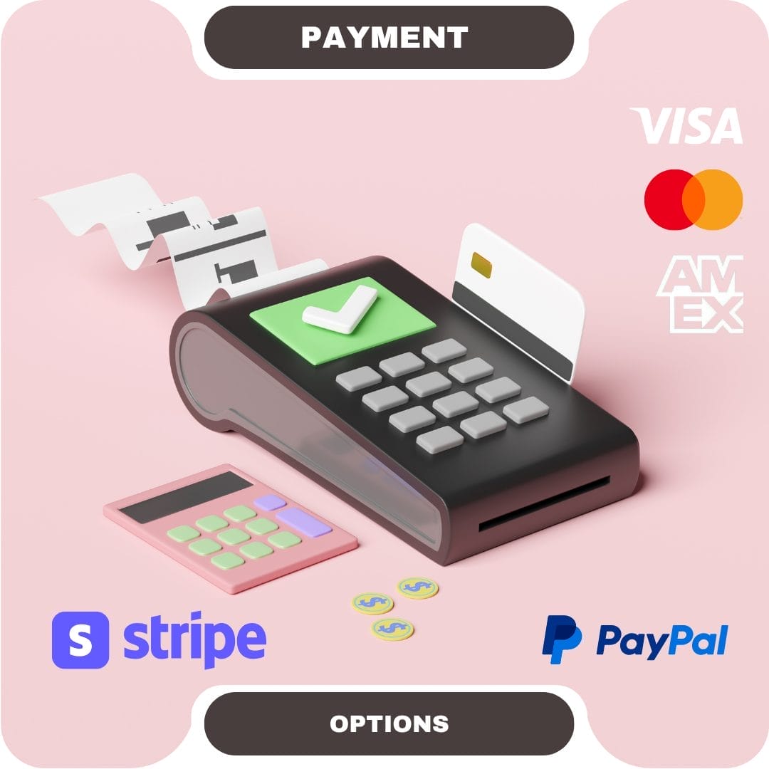 A payment terminal prints a receipt with credit cards, a calculator, dollar coins, and logos for Visa, Mastercard, Amex, Stripe, and PayPal—perfect for booking vacation rentals in Whistler.