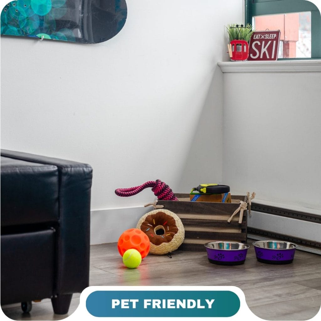 A corner of a room with pet toys, a crate, two pet bowls, and artificial grass, labeled “Pet Friendly”—perfect for guests seeking vacation rentals in ucluelet