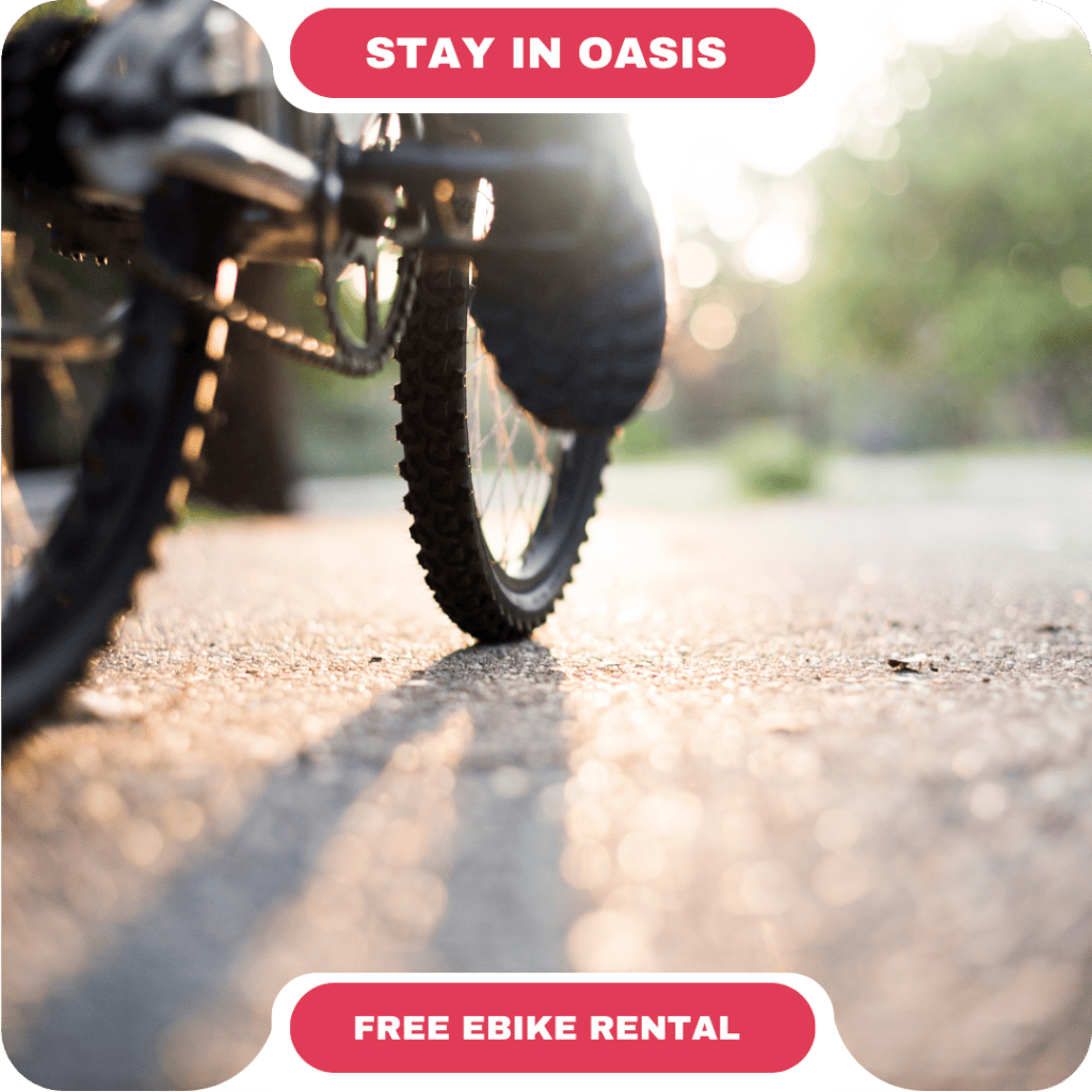 Close-up of an e-bike wheel on a sunlit path, with text "Stay in Oasis" at the top and "Free ebike rental" at the bottom—perfect for exploring vacation rentals in Whistler.